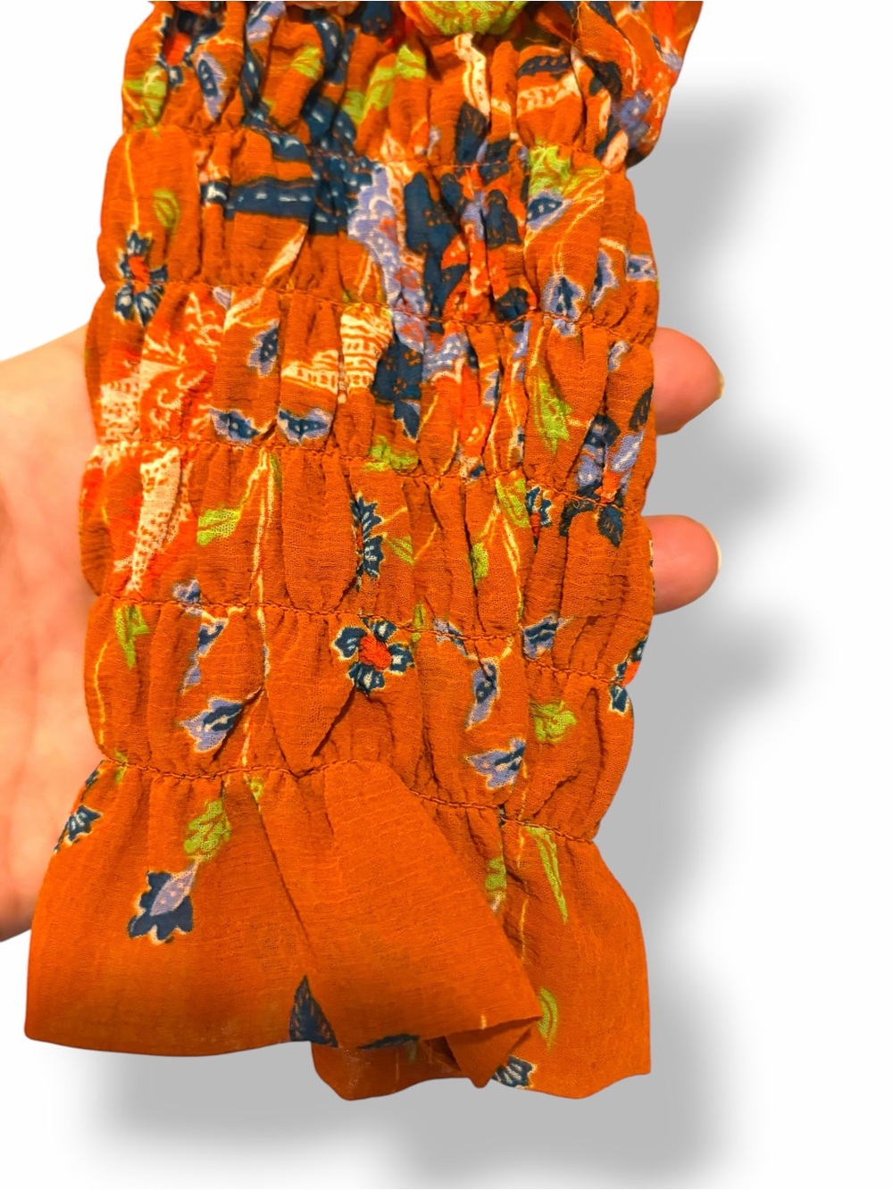 Anthropologie Maeve Orange Floral Boho Smocked Sleeve Blouse Top Size Medium - Picture 11 of 15